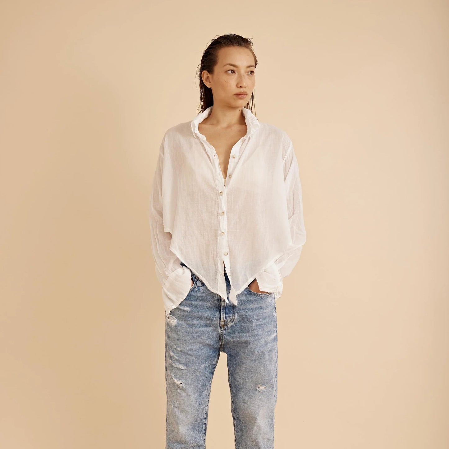 ALL Three Healy Cropped Button Down- white