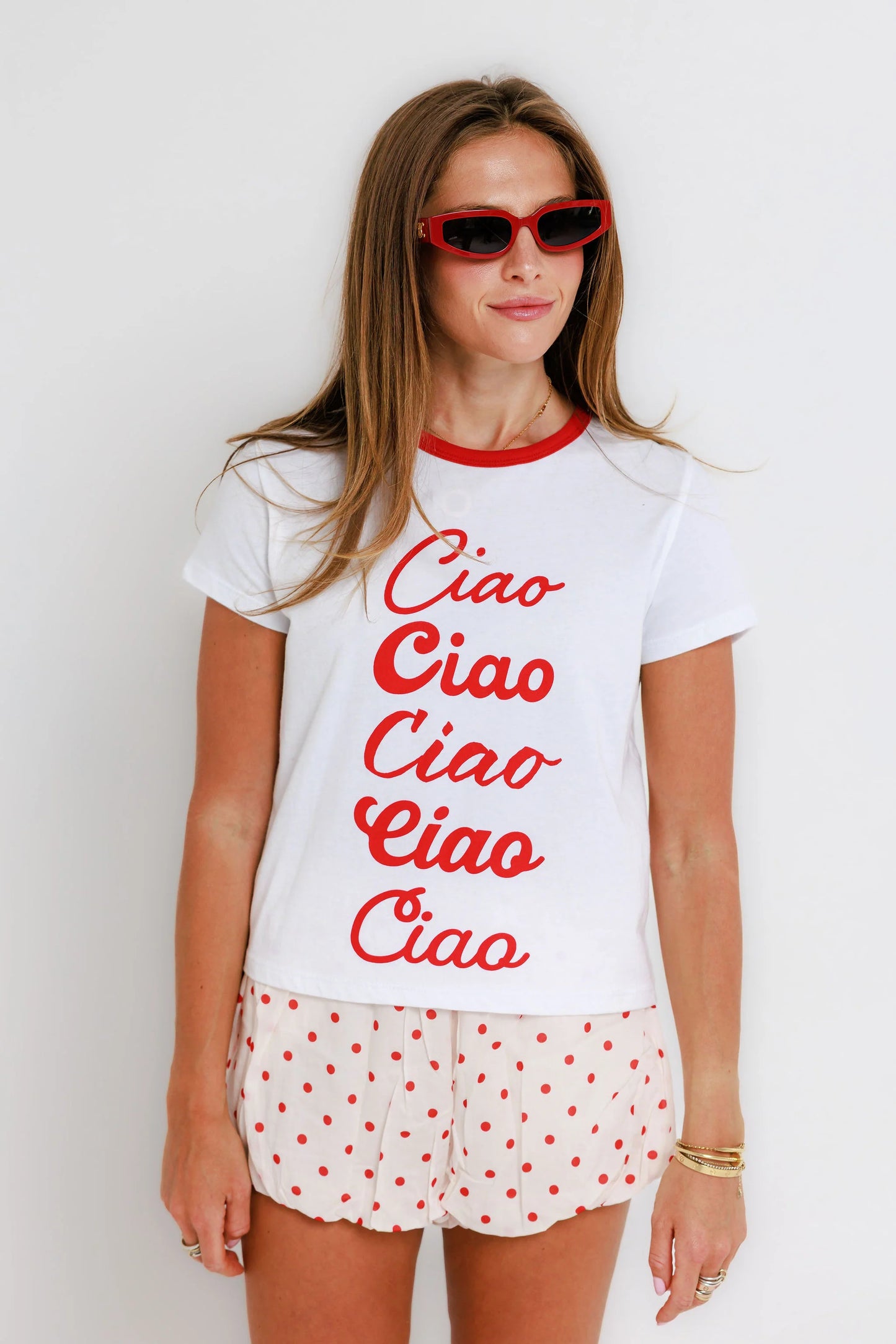Sunny Somwhere- Ciao Ciao Ringer Tee- White/Red