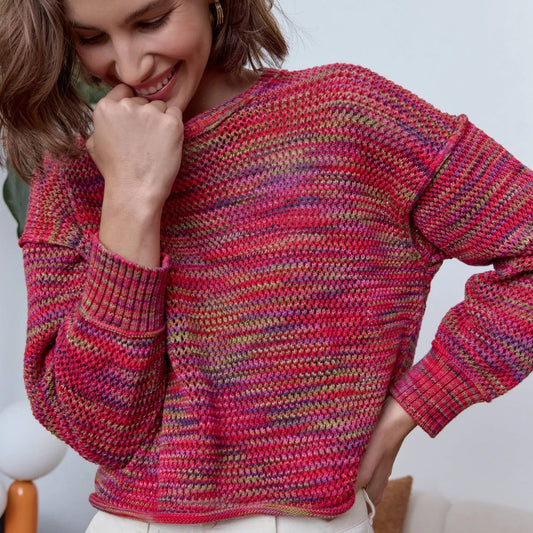 NSF  Livia Painted Cotton Crochet Crew Sweater -Red