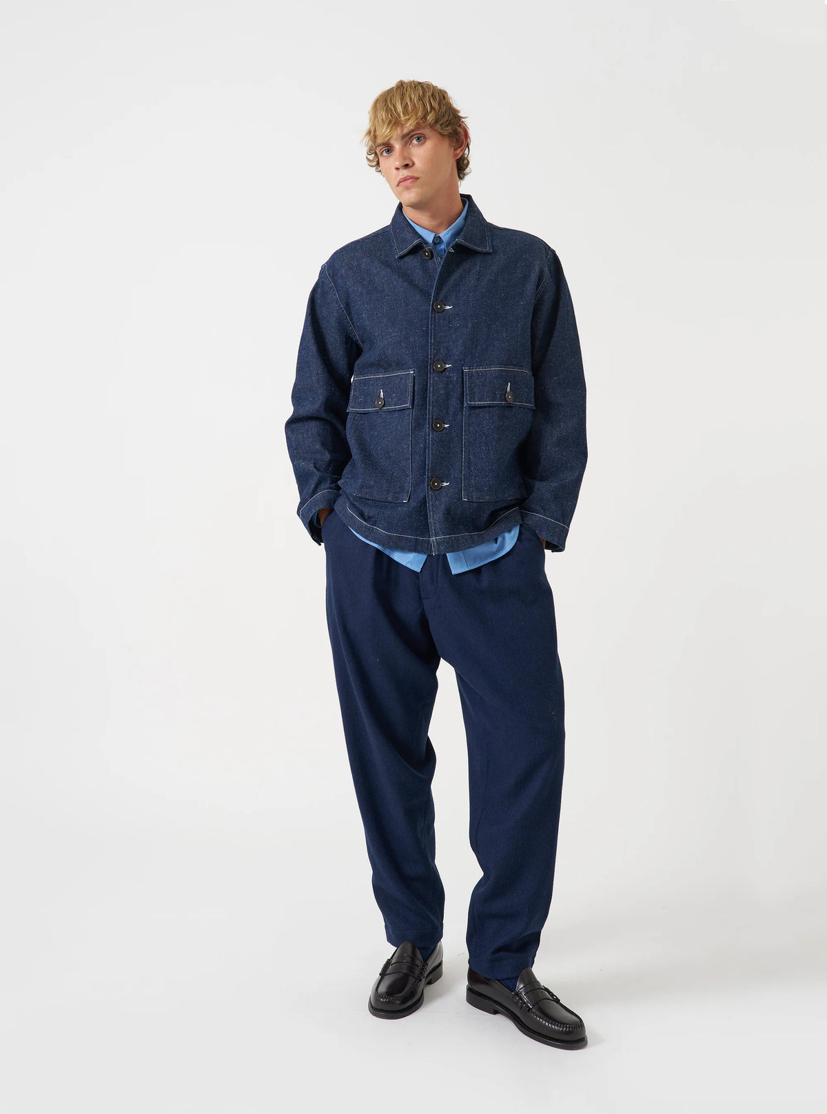 Universal Works Wool Herringbone Pleated Track Pant- Navy