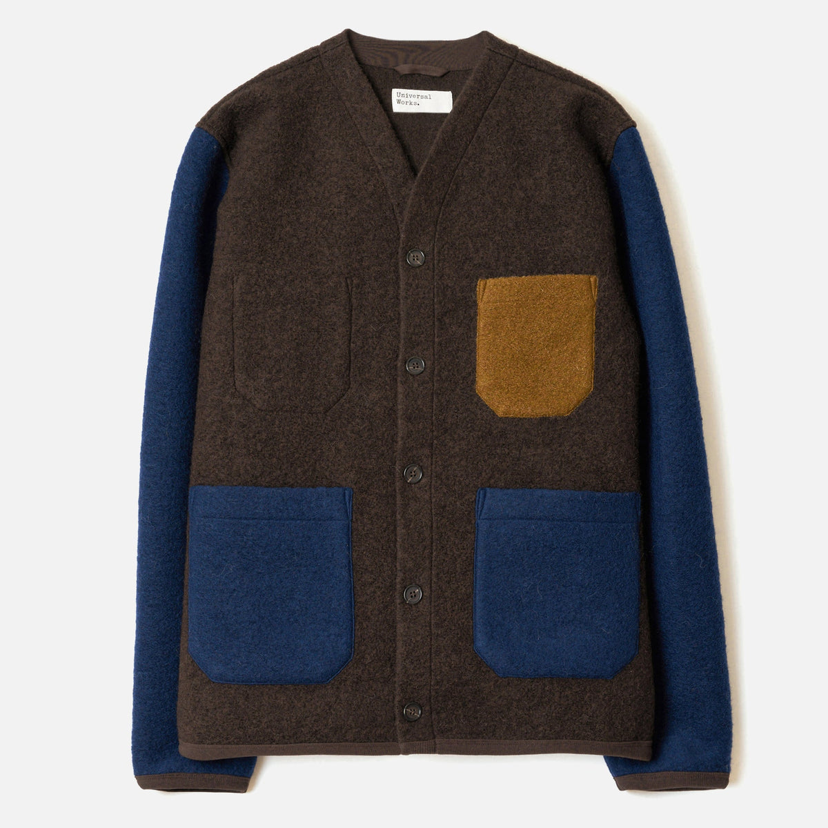 Universal Works Wool Fleece Cardigan- Brown/ Indigo