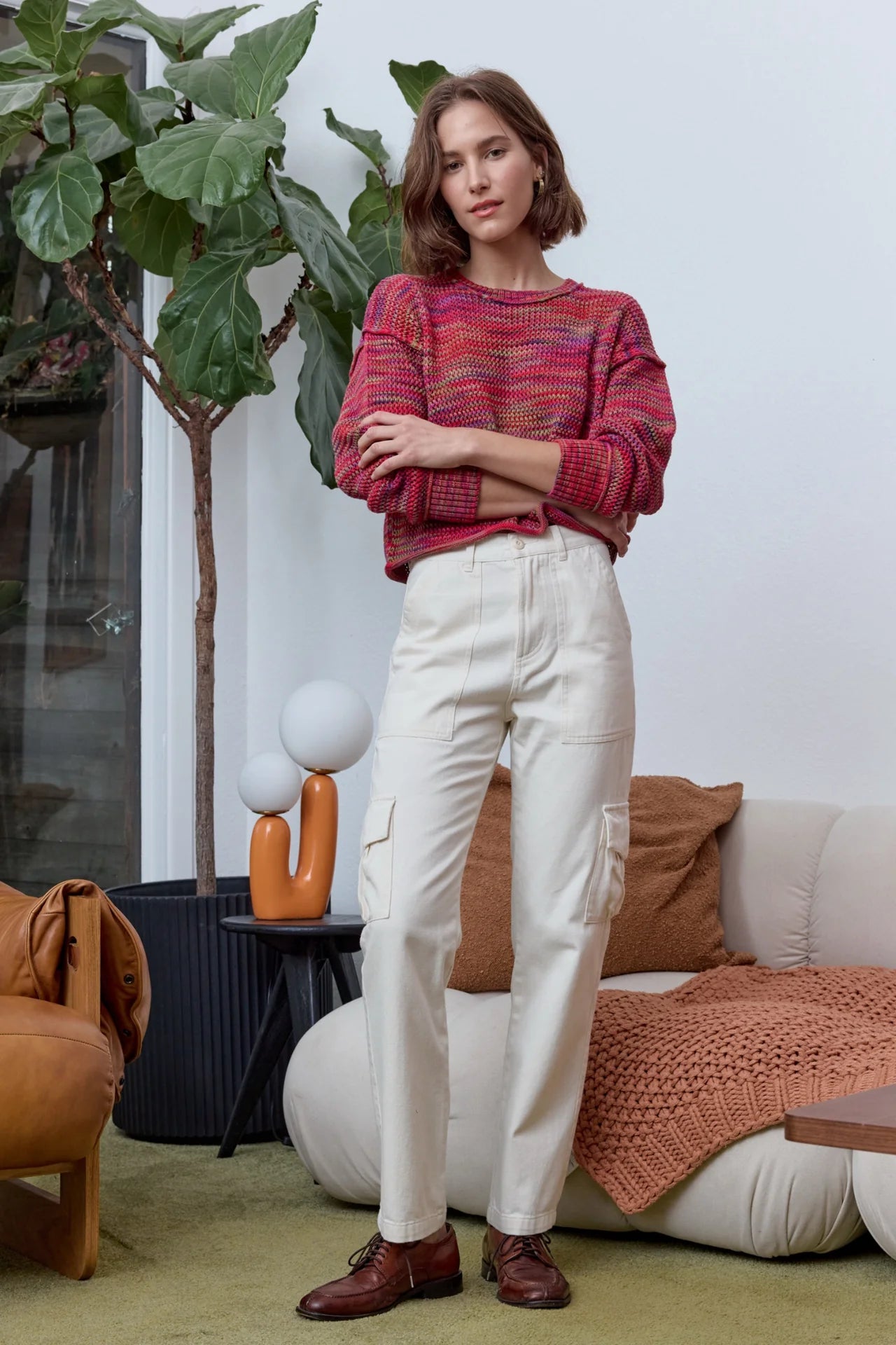 NSF  Livia Painted Cotton Crochet Crew Sweater -Red