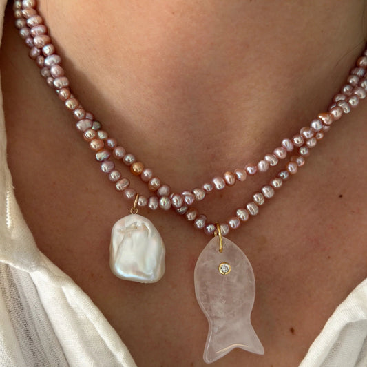 ALV Pink Pearl Necklace with Gem Stone Fish