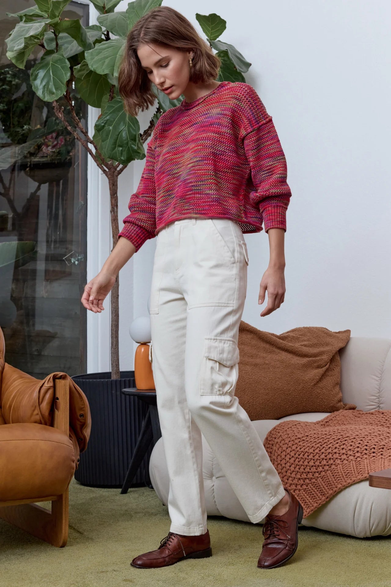 NSF  Livia Painted Cotton Crochet Crew Sweater -Red