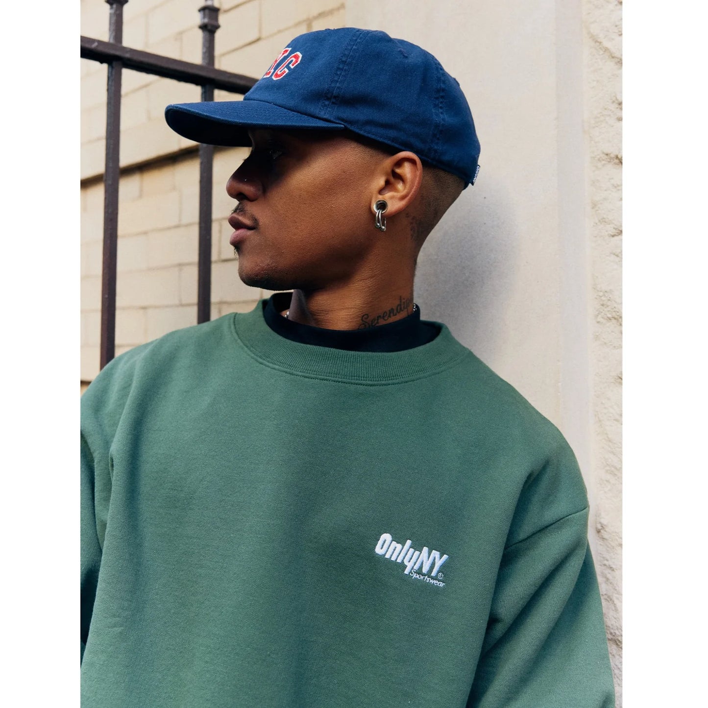 OnlyNY Court Logo Embroidered Crewneck- Dark Green White