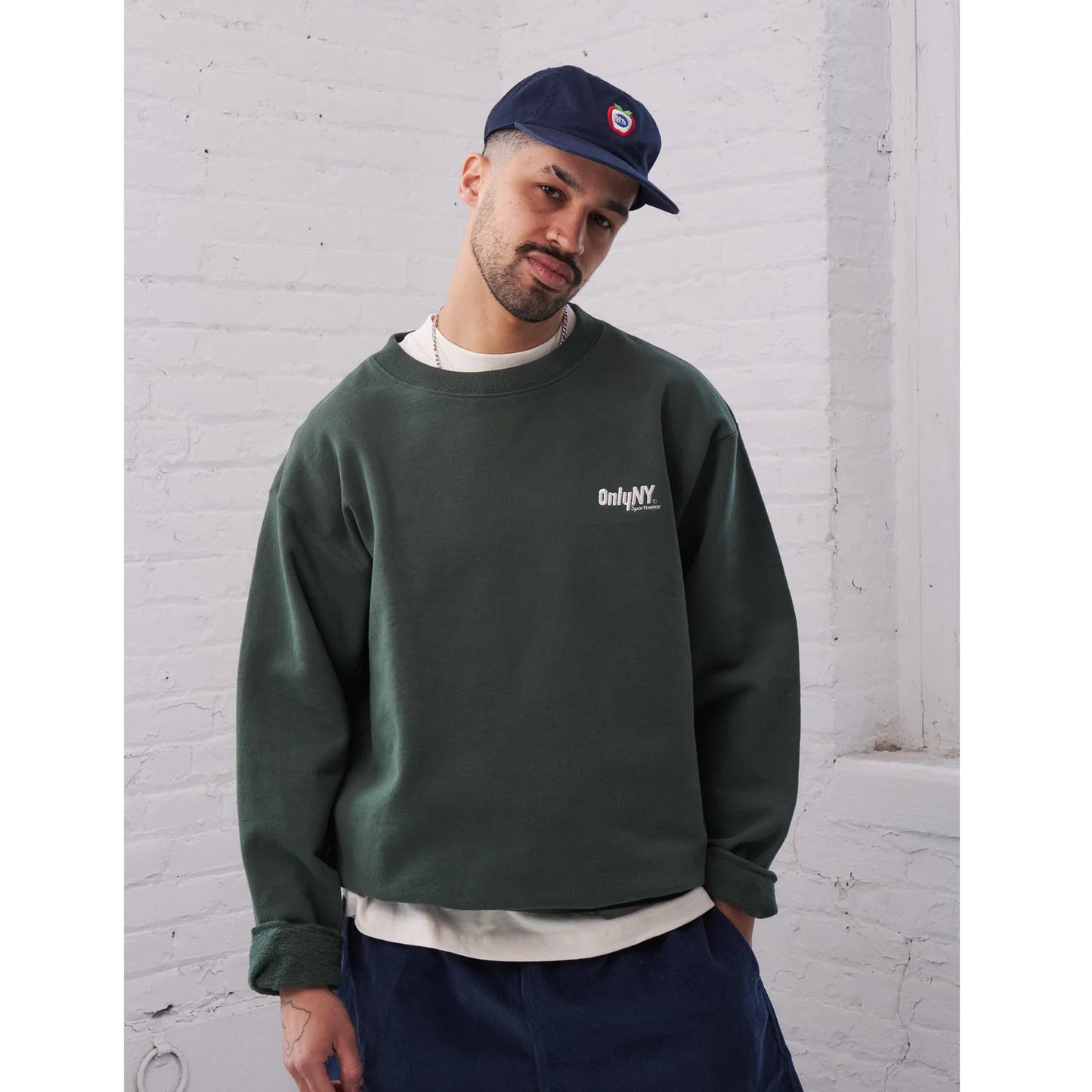 OnlyNY Court Logo Embroidered Crewneck- Dark Green White