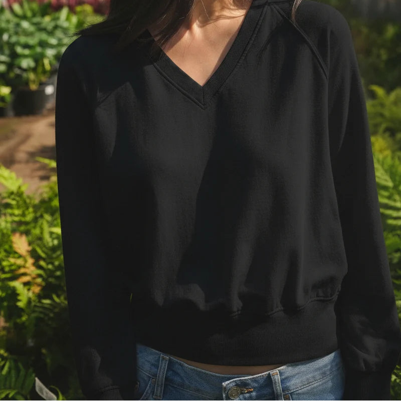 STATESIDE Softest Fleece V-Neck Raglan Sweatshirt- Black