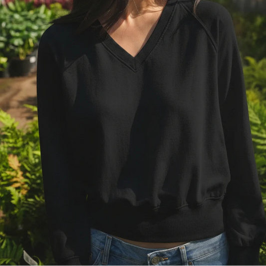 STATESIDE Softest Fleece V-Neck Raglan Sweatshirt- Black