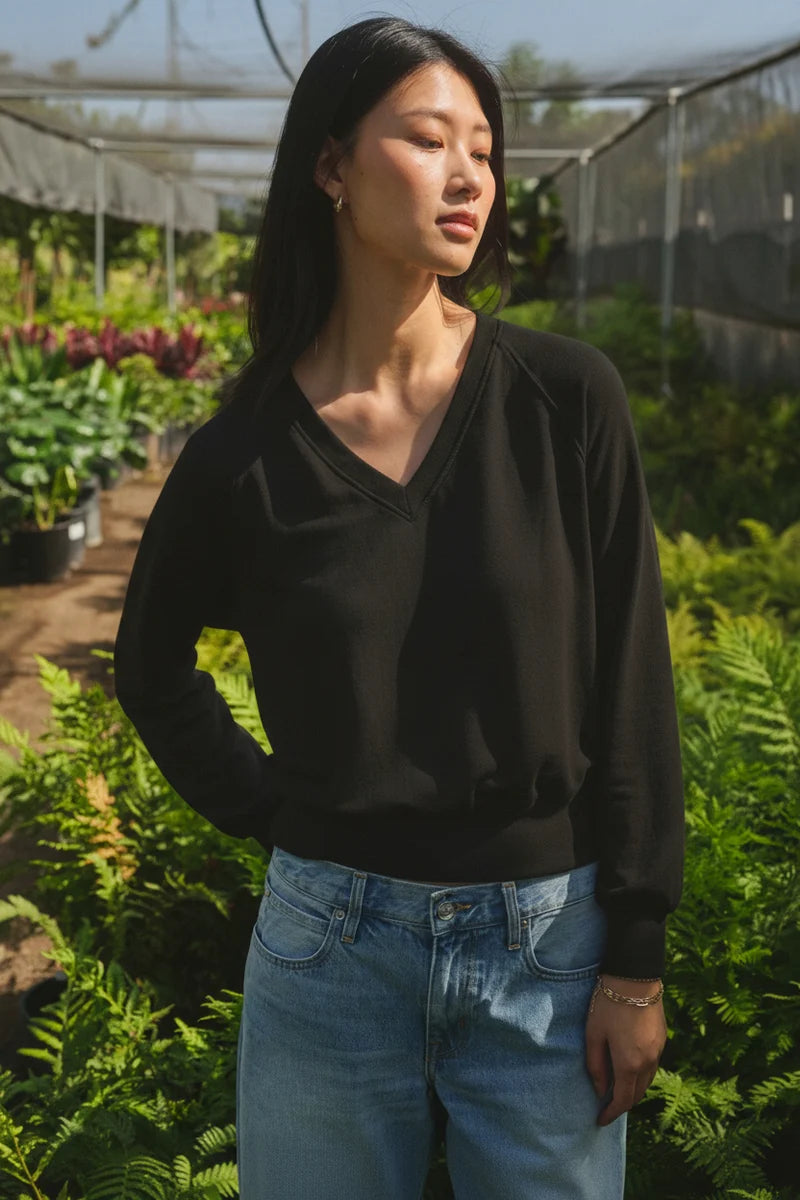 STATESIDE Softest Fleece V-Neck Raglan Sweatshirt- Black