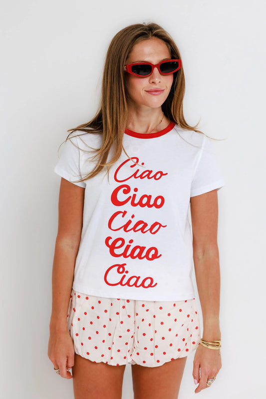 Sunny Somwhere- Ciao Ciao Ringer Tee- White/Red