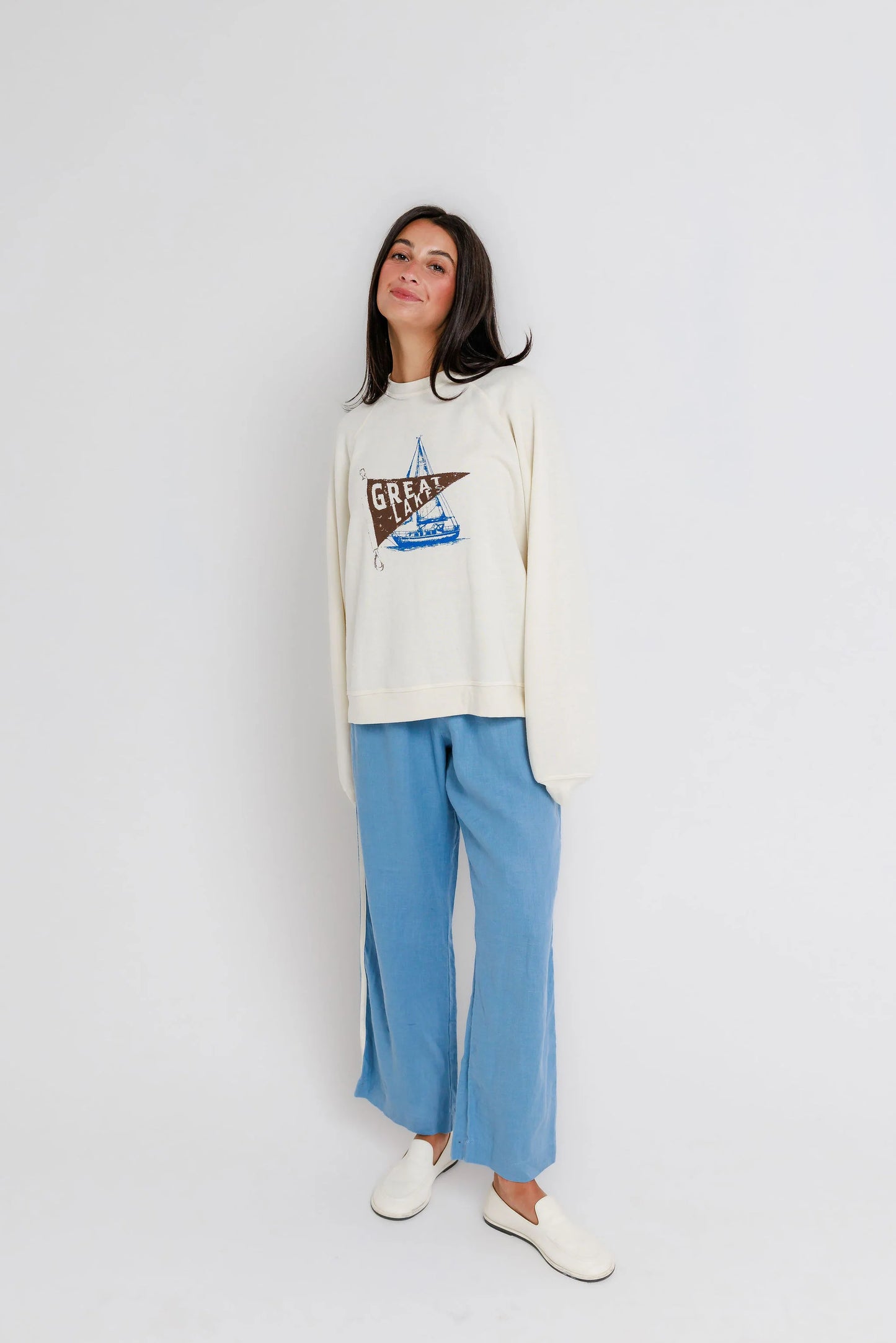 Sunny somewhere Great Lakes Raglan Crew- Off White