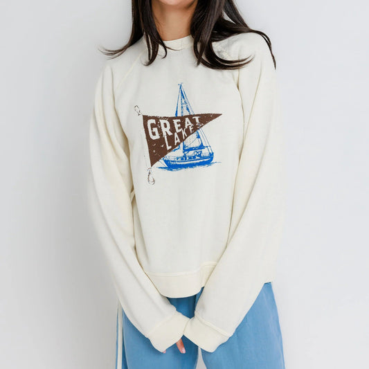 Sunny somewhere Great Lakes Raglan Crew- Off White