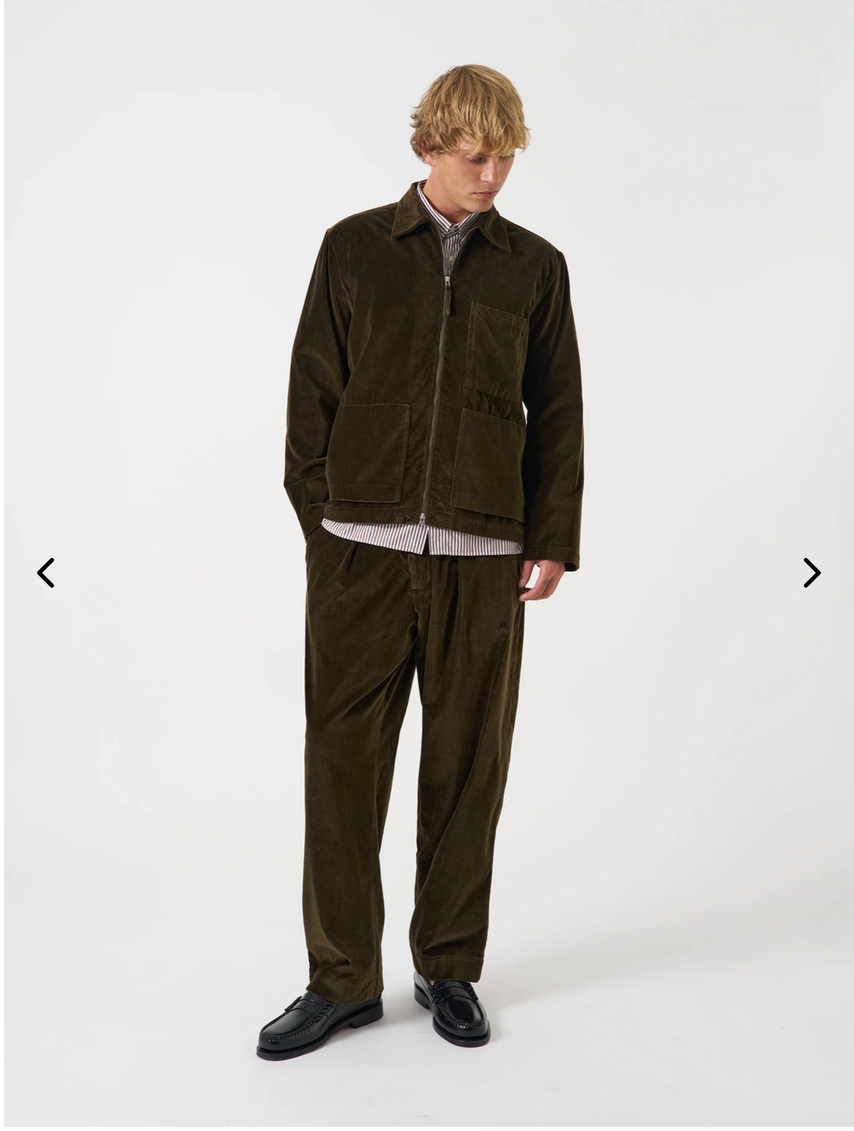 Universal Works CPH Velvet Zip OS Shirt- Olive