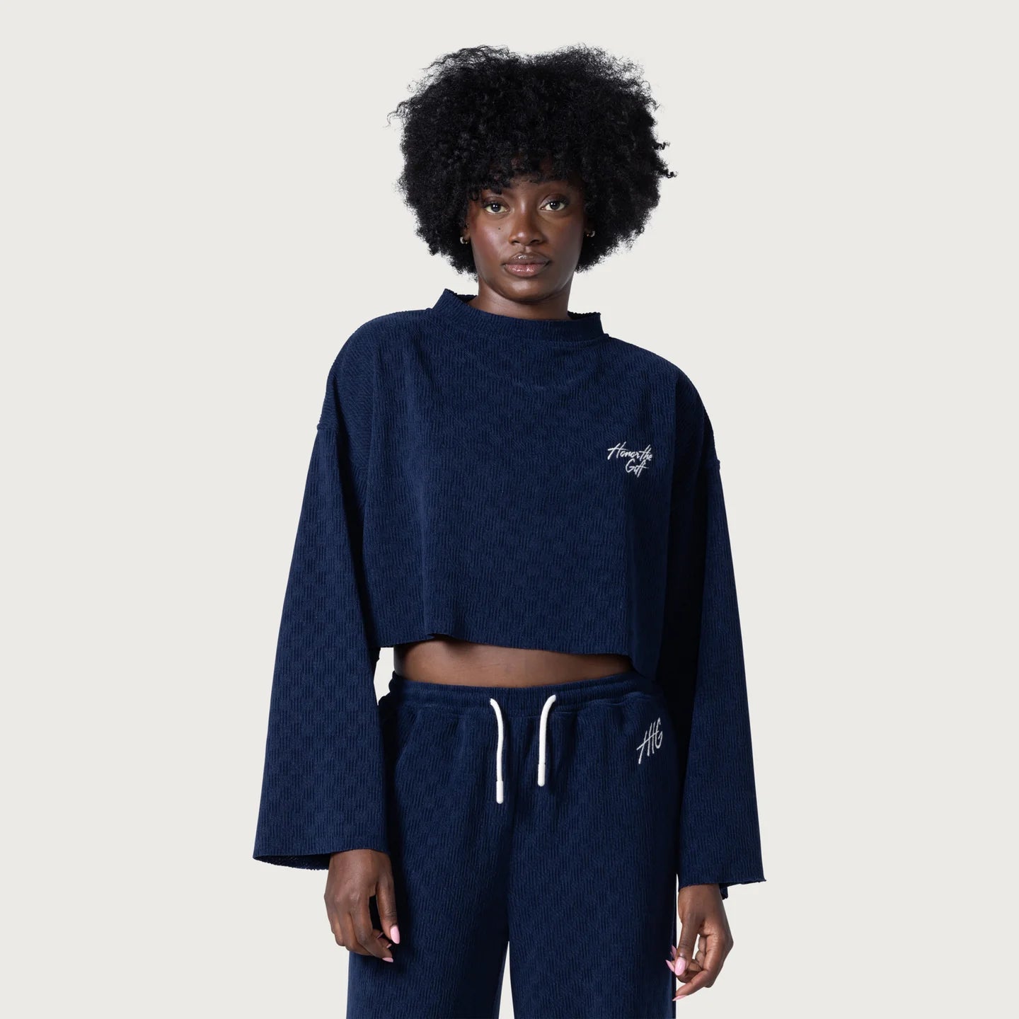 Honor The Gift  textured Cropped Crewneck- Blue