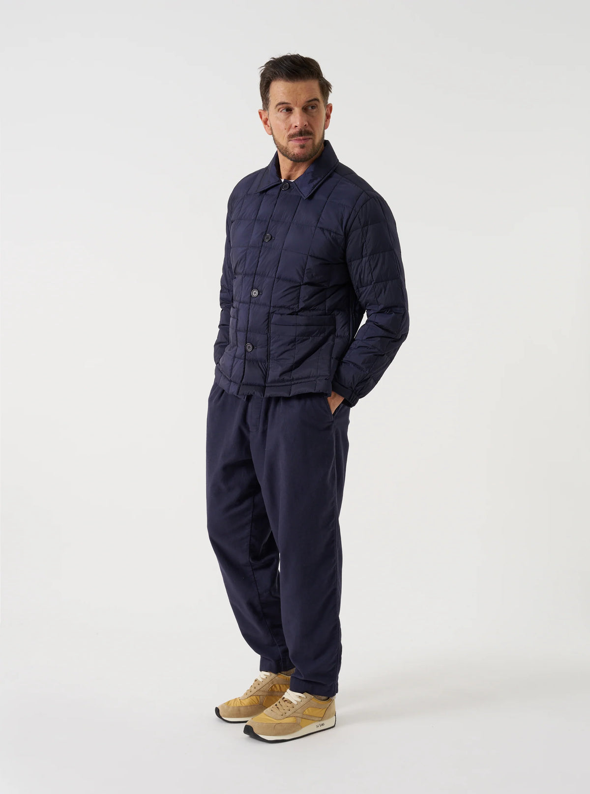 Universal works TAION x Universal Works Navy Nylon Soft Shell Down Rams Jacket- Navy